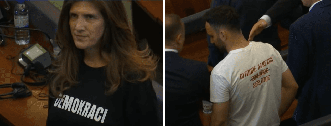 Mesazhe me bluza në Kuvend, “DEMOKRACI” – “Oj Fitore a i ke kthyer 252,000 euro”