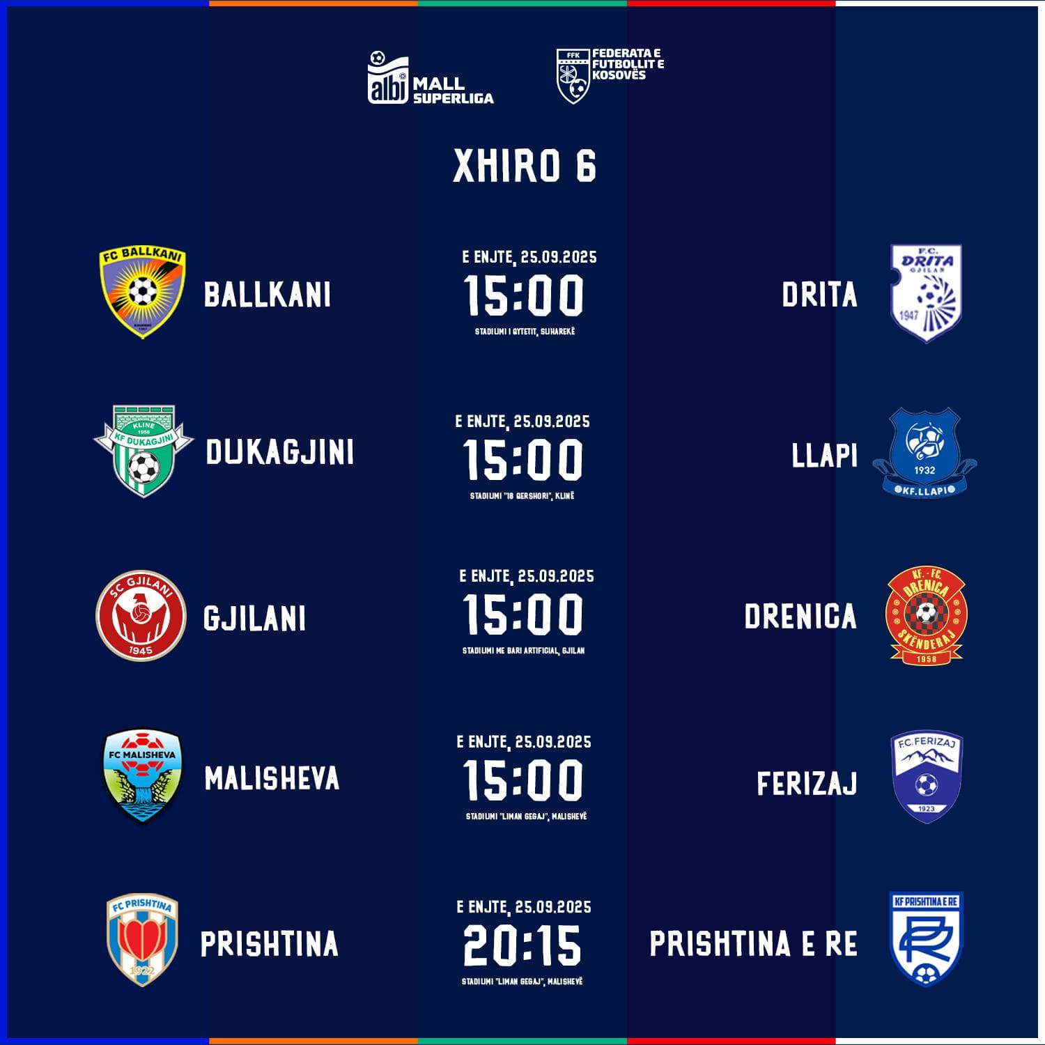 Federata e Futbollit të Kosovës publikon orarin e xhiros së gjashtë