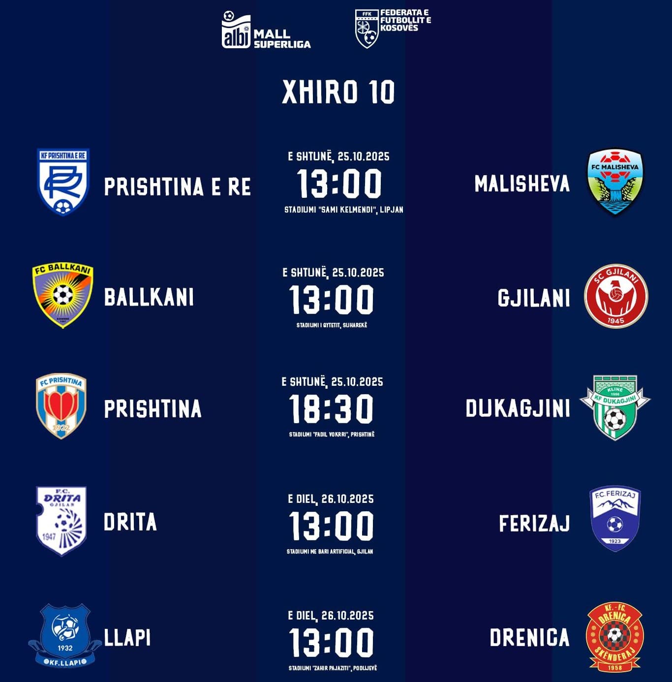 Orari i xhiros së dhjetë në Superligën e Kosovës
