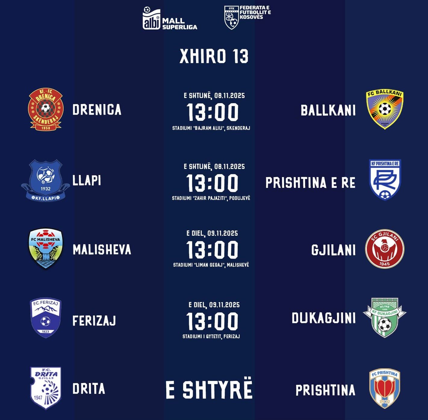 Superliga e Kosovës: Ndeshjet e javës së 13-të dhe oraret e tyre