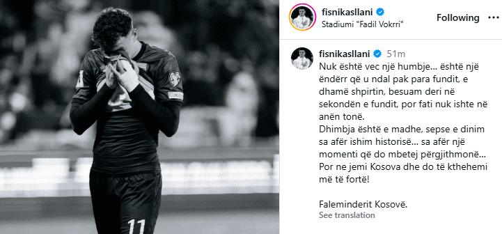 Fisnik Asllani reagon pas eliminimit të Kosovës, ëndrra u ndal në hapin e fundit