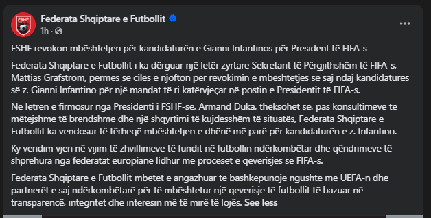 FSHF tërhiqet nga mbështetja për Infantinon në garën për kreun e FIFA-s