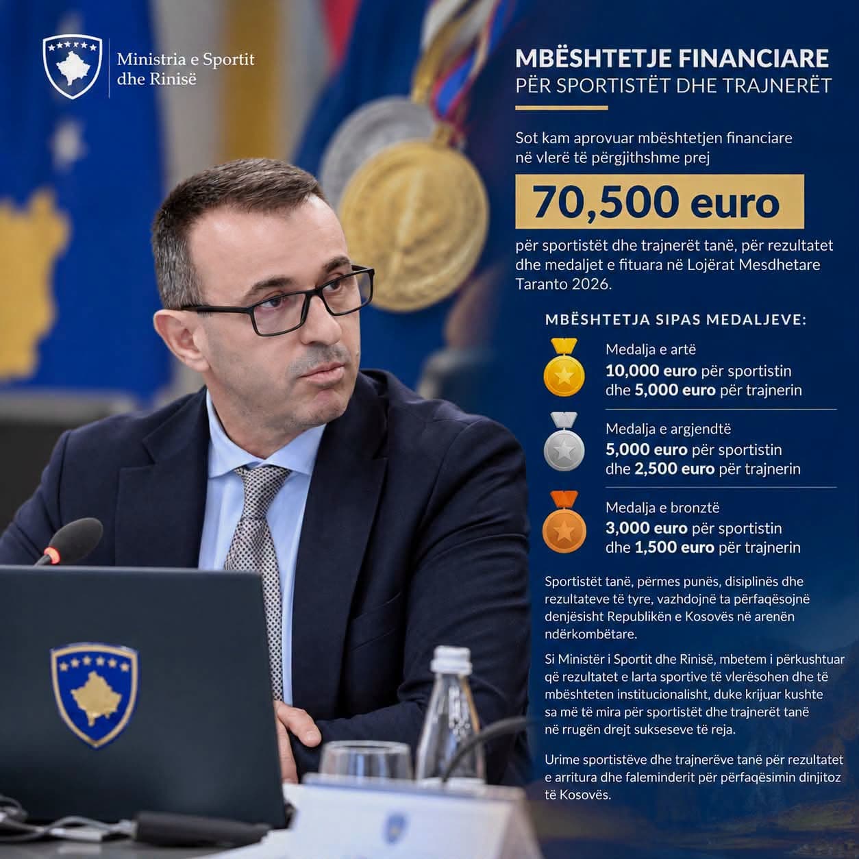 70,500 euro shpërblime për sportistët dhe trajnerët kosovarë pas suksesit në Taranto
