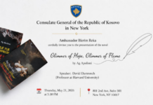 Sot prezantohet romani “Një fije shprese, Një fije shkrepëse” në Konsullatën e Kosovës në New York