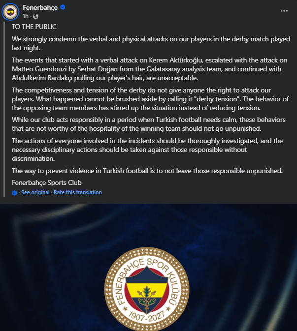 Fenerbahçe kërkon ndëshkime pas kaosit në ndeshjen ndaj Galatasarayt
